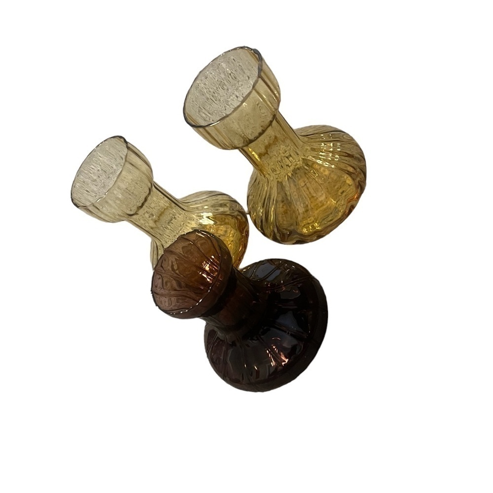 Set of 3 Vintage Art Hand Blown Amethyst Ribbed And Amber Glass Vases 5-1/4"